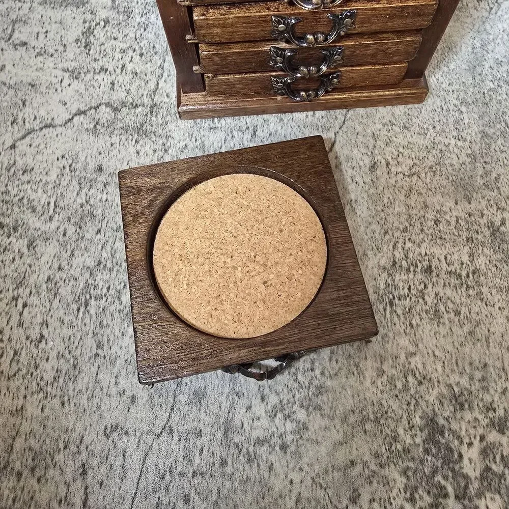 VINTAGE MID CENTURY MODERN SOLID WOOD METAL COASTER SET OF 6 BEAUTIFUL CONDITION